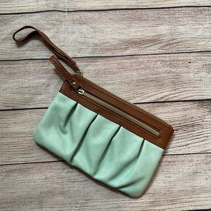 Faux Leather Teal and Brown Pleated Handheld Wristlet Clutch with Zipper